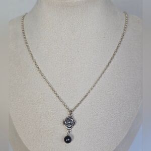 Estate Silver Rose Necklace with Black Pearl Drop